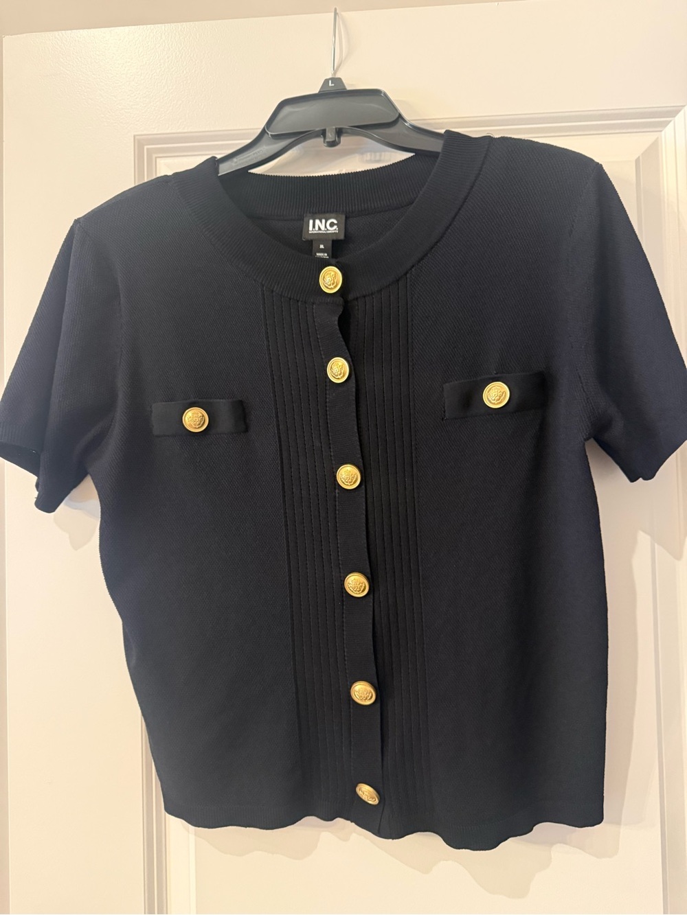 INC International Concepts Black Short-Sleeve Knit Top with Gold Buttons